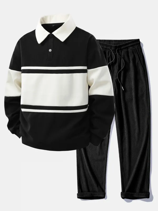 Relax Fit Color Block Patchwork Polo Sweatshirt & Straight Leg Corduroy Pants sold by Hoooyi