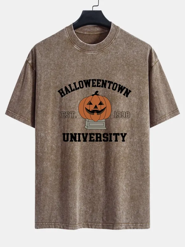 Halloween Pumpkin Town Print Washed Distressed Drop Shoulder T-Shirt made by Hoooyi