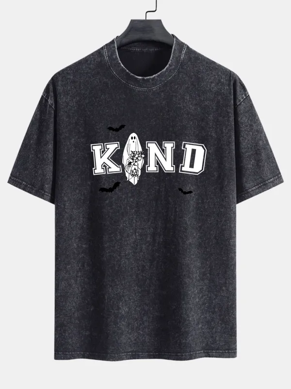 Halloween Kind Ghost Print Washed Distressed Drop Shoulder T-Shirt made by Hoooyi