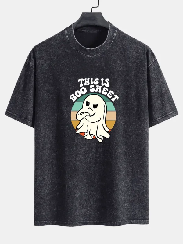 Ghost Slogan Print Washed Distressed Drop Shoulder T-Shirt sold by Hoooyi