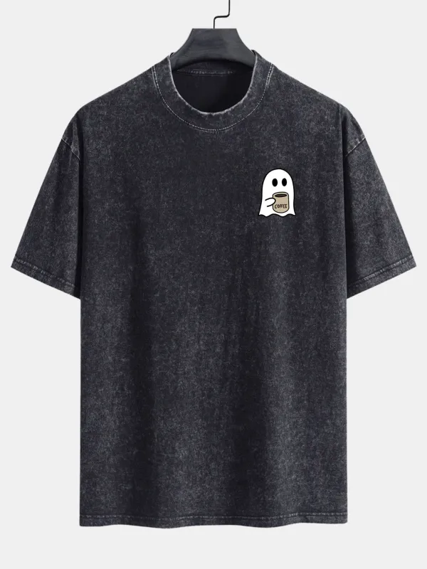 Ghost Drinking Coffee Print Washed Distressed Drop Shoulder T-Shirt made by Hoooyi