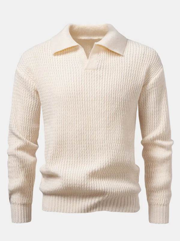 Long Sleeve Wave Jacquard Knit V Neck Polo Shirt sold by Hoooyi