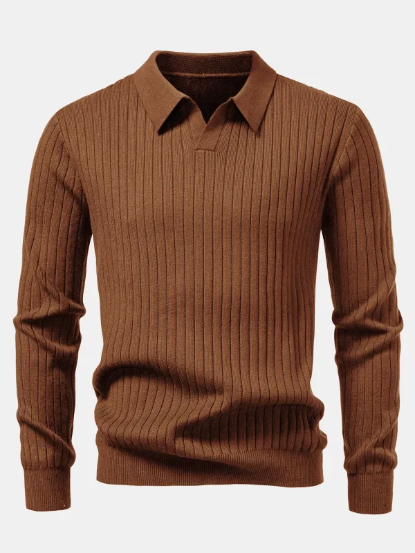 Long Sleeve Ribbed Knit Johnny Collar Polo Shirt sold by Hoooyi