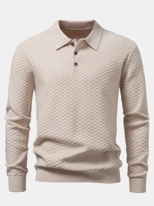 Long Sleeve Textured Knit Polo Shirt made by Hoooyi