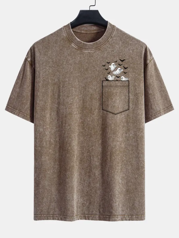 Pocket Bat Ghost Print Washed Distressed Drop Shoulder T-Shirt made by Hoooyi