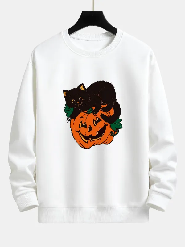 Pumpkin Black Cat Print Relax Fit Sweatshirt sold by Hoooyi