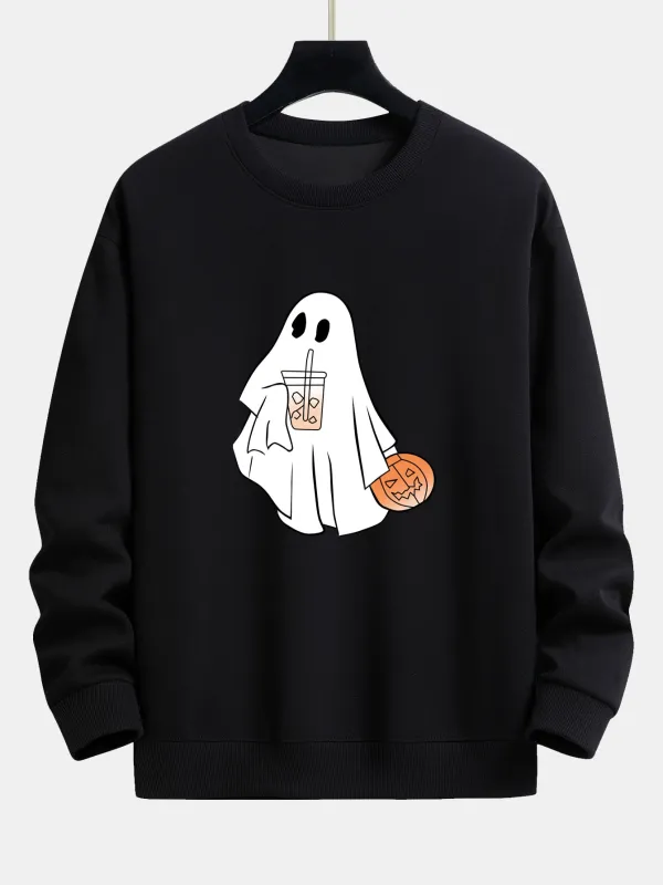 Halloween Ghost Drinking Coffee Pumpkin Print Relax Fit Sweatshirt sold by Hoooyi