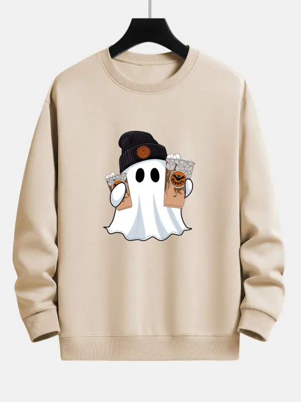Halloween Ghost Coffee Print Relax Fit Sweatshirt made by Hoooyi