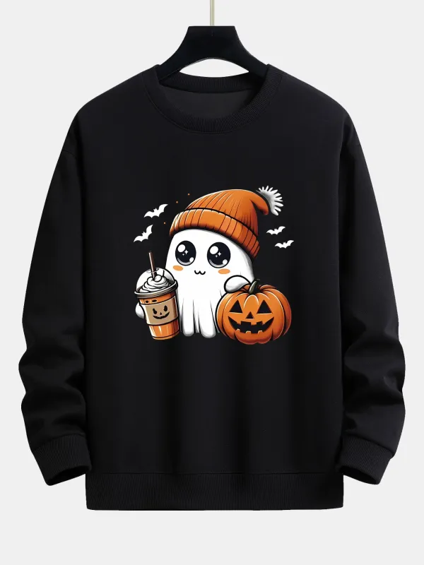 Halloween Ghost Coffee Pumpkin Print Relax Fit Sweatshirt sold by Hoooyi