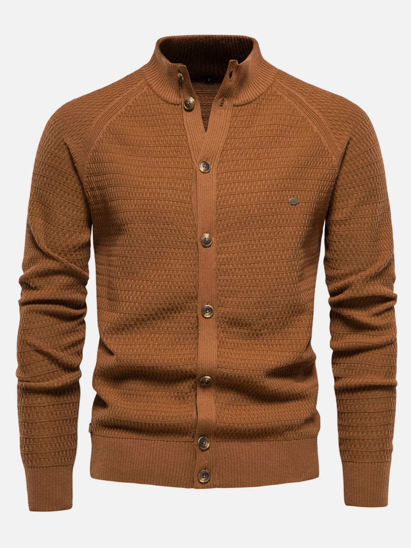 Textured Stand Collar Button Up Sweater sold by Hoooyi