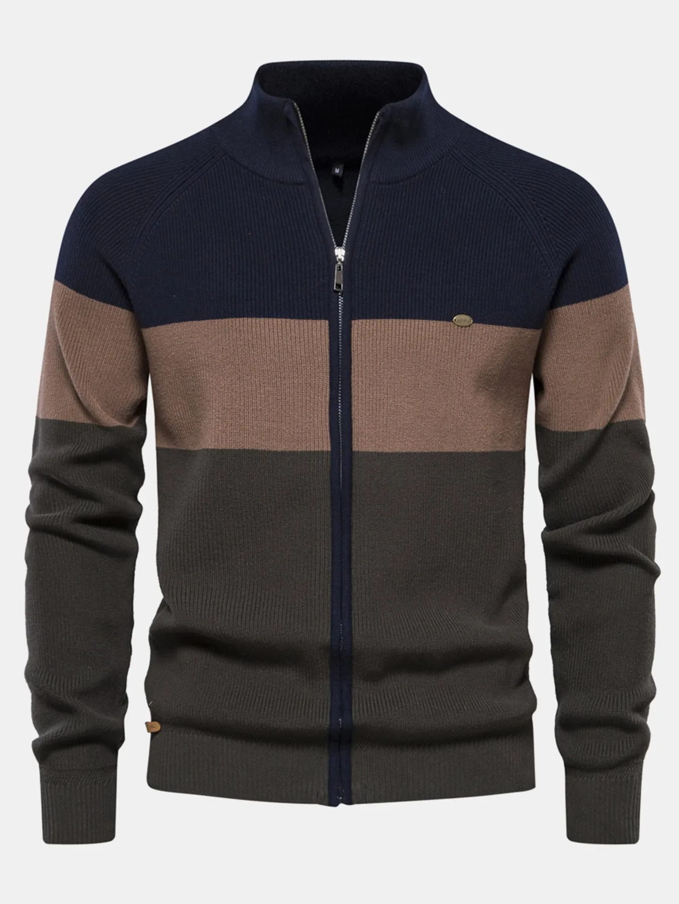Color Block Zipper Stand Collar Sweater sold by Hoooyi