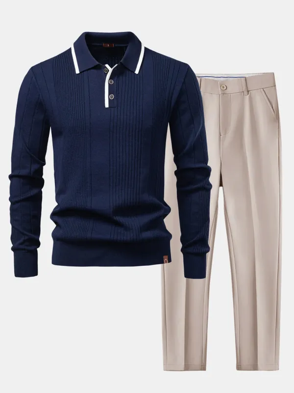 Long Sleeved Knitted Stripe Jacquard Polo Shirt & Slim Fit Tapered Trousers sold by Hoooyi