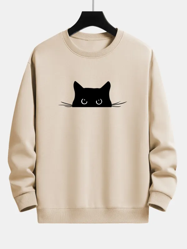 Black Cat Print Relax Fit Sweatshirt sold by Hoooyi
