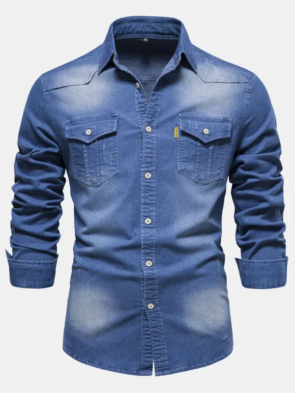 Washed Denim Western Shirt With Pockets sold by Hoooyi