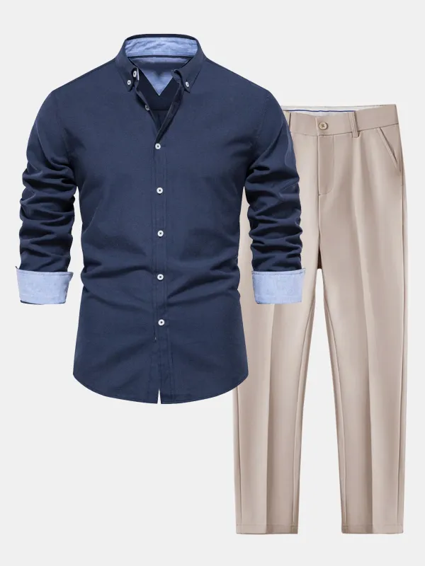 Long Sleeve Button Up Oxford Shirt & Slim Fit Tapered Trousers sold by Hoooyi
