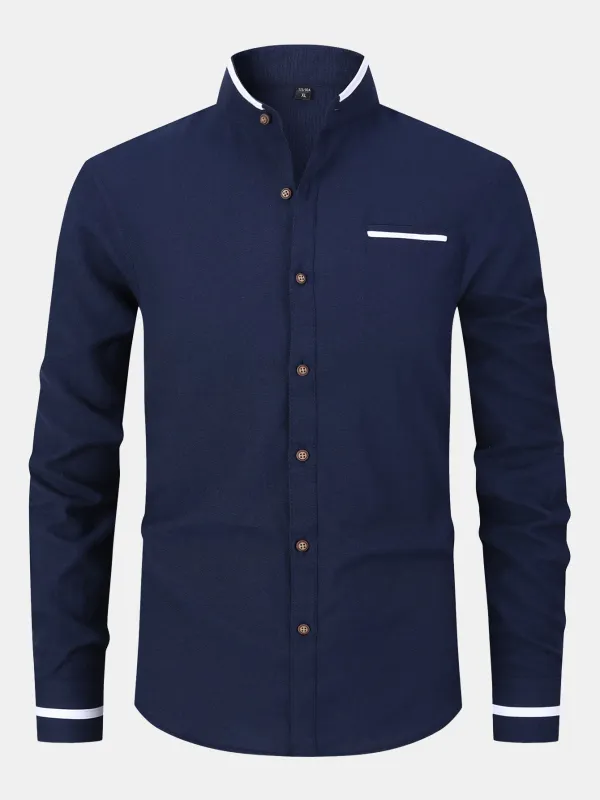 Long Sleeve Contrast Stand Collar Oxford Shirt made by Hoooyi
