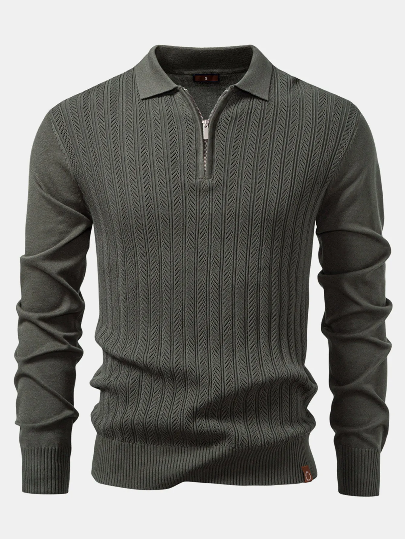 Long Sleeved Knitted Geometric Jacquard Zippe Polo Shirt sold by Hoooyi