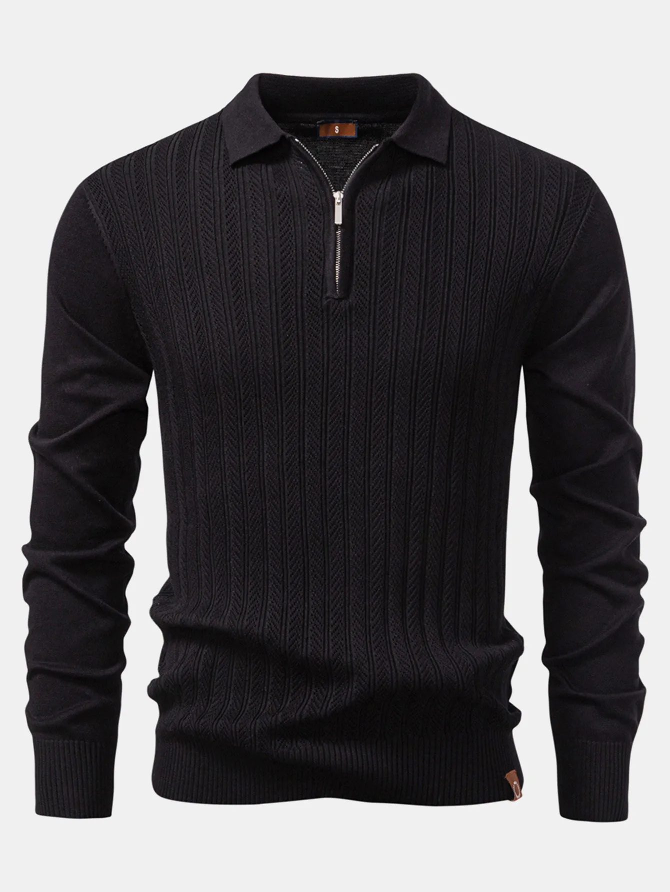 Long Sleeved Knitted Geometric Jacquard Zippe Polo Shirt sold by Hoooyi product image thumbnail 5