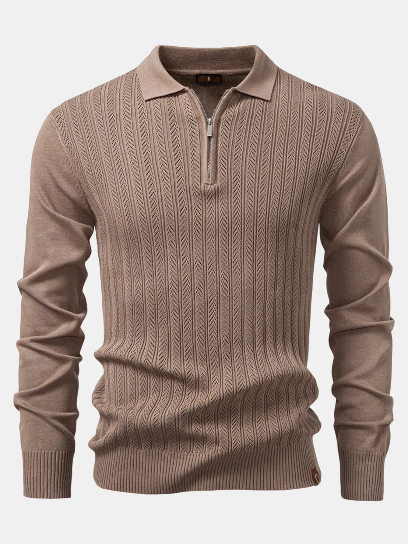 Long Sleeved Knitted Geometric Jacquard Zippe Polo Shirt sold by Hoooyi product image thumbnail 3