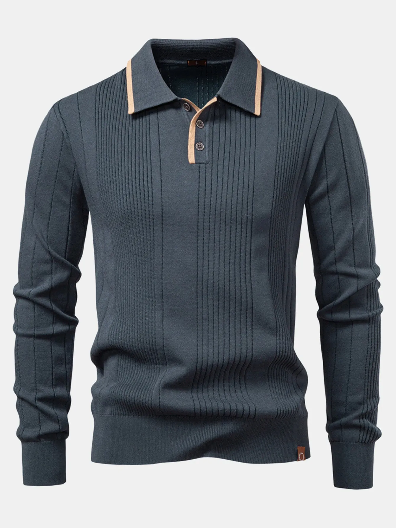 Long Sleeved Knitted Stripe Jacquard Polo Shirt sold by Hoooyi product image thumbnail 3