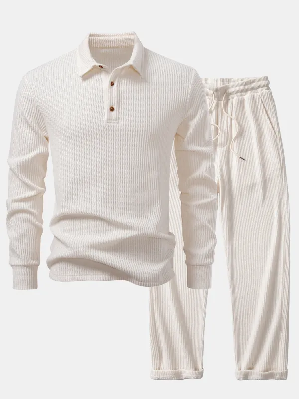 Long Sleeved Knitted Waffle Polo Shirt & Drawstring Knitted Waffle Pants sold by Hoooyi