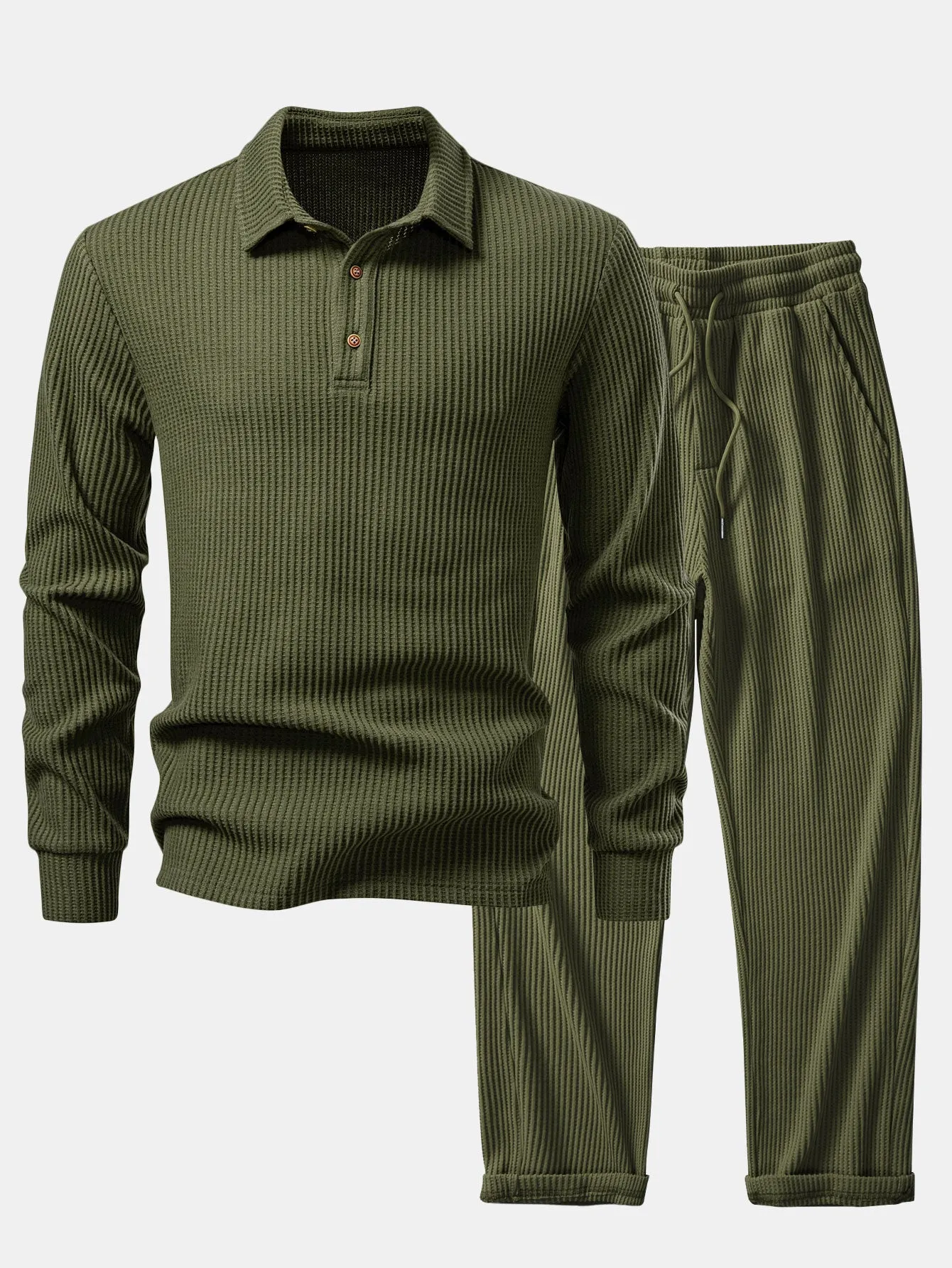 Long Sleeved Knitted Waffle Polo Shirt & Drawstring Knitted Waffle Pants sold by Hoooyi product image thumbnail 2