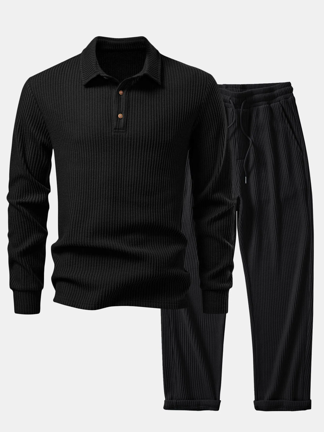 Long Sleeved Knitted Waffle Polo Shirt & Drawstring Knitted Waffle Pants sold by Hoooyi product image thumbnail 4