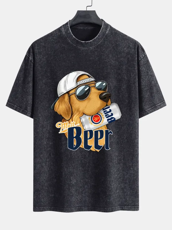 Beer Dog Print Washed Distressed Drop Shoulder T-Shirt sold by Hoooyi