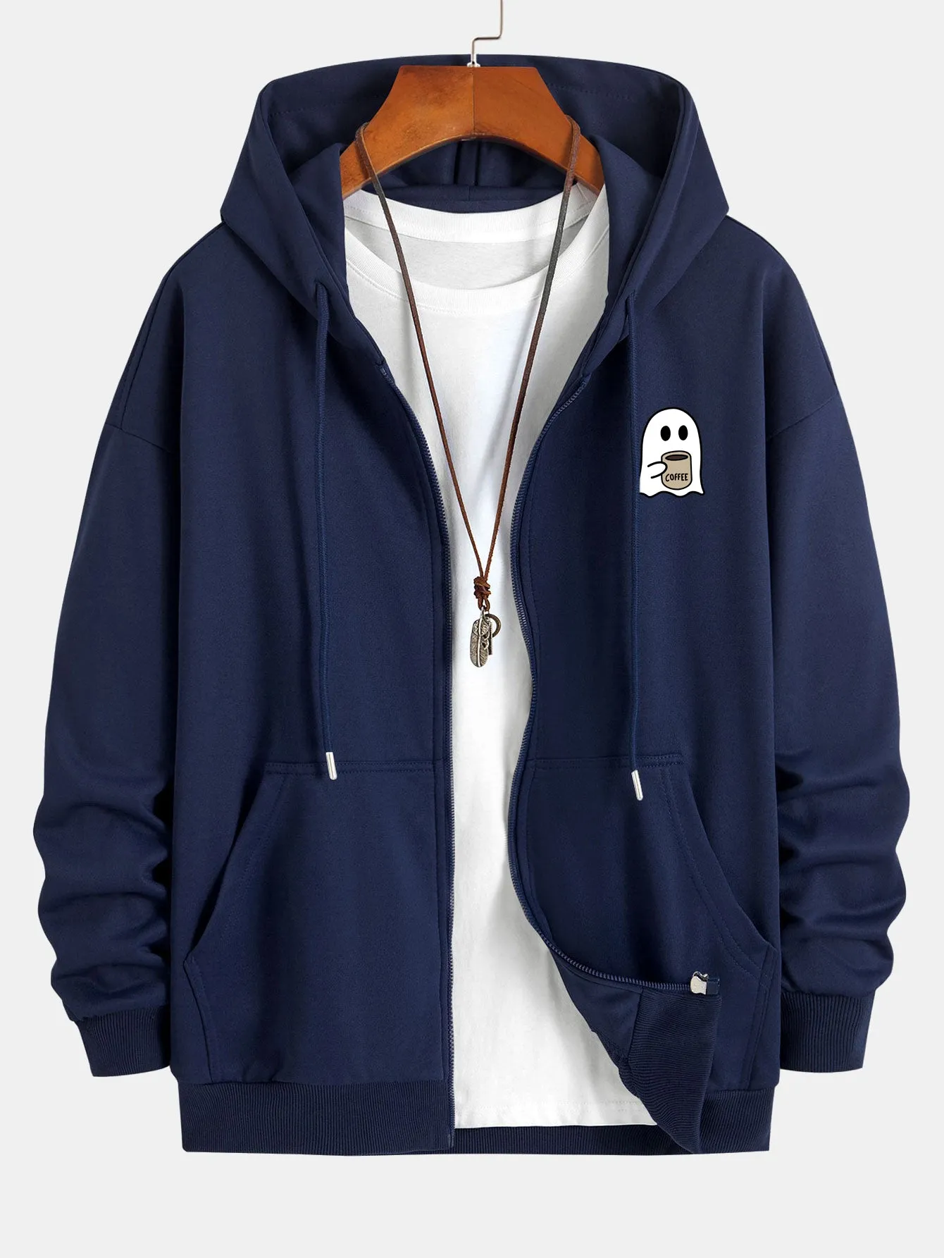 Ghost Drinking Coffee Print Relax Fit Zip Hoodie sold by Hoooyi product image thumbnail 5