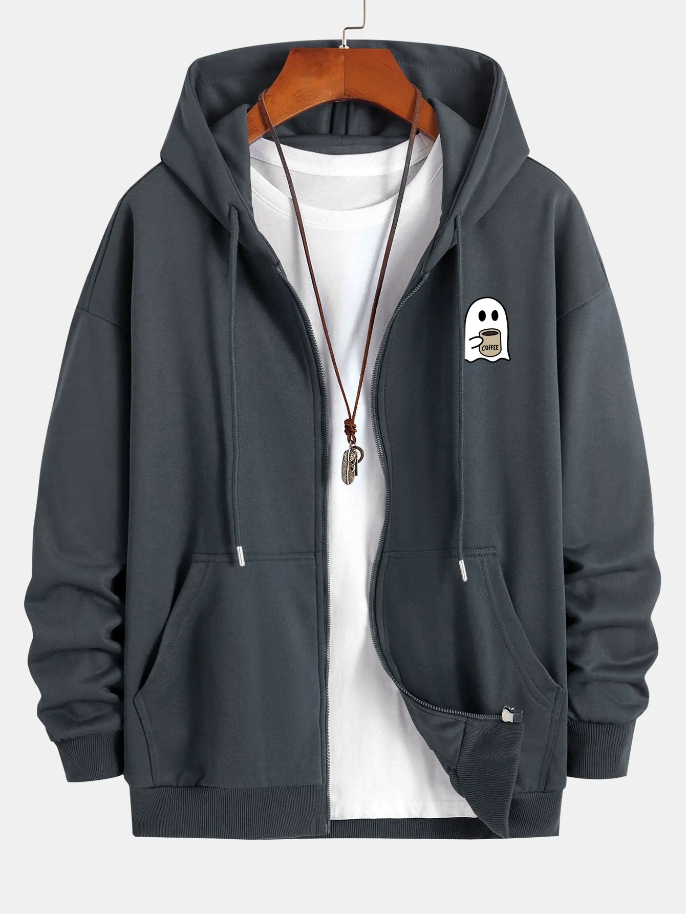 Ghost Drinking Coffee Print Relax Fit Zip Hoodie sold by Hoooyi product image thumbnail 4