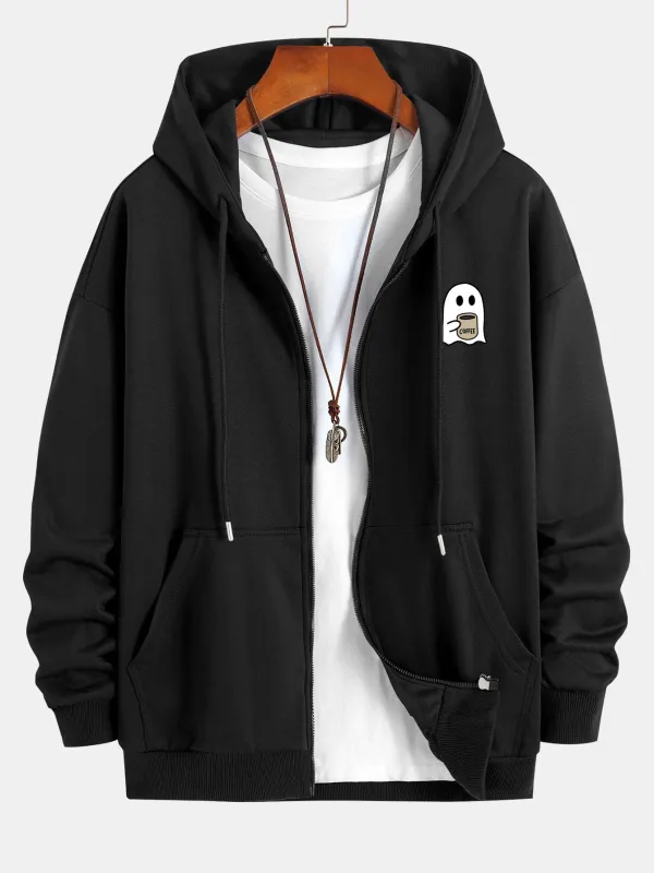 Ghost Drinking Coffee Print Relax Fit Zip Hoodie made by Hoooyi