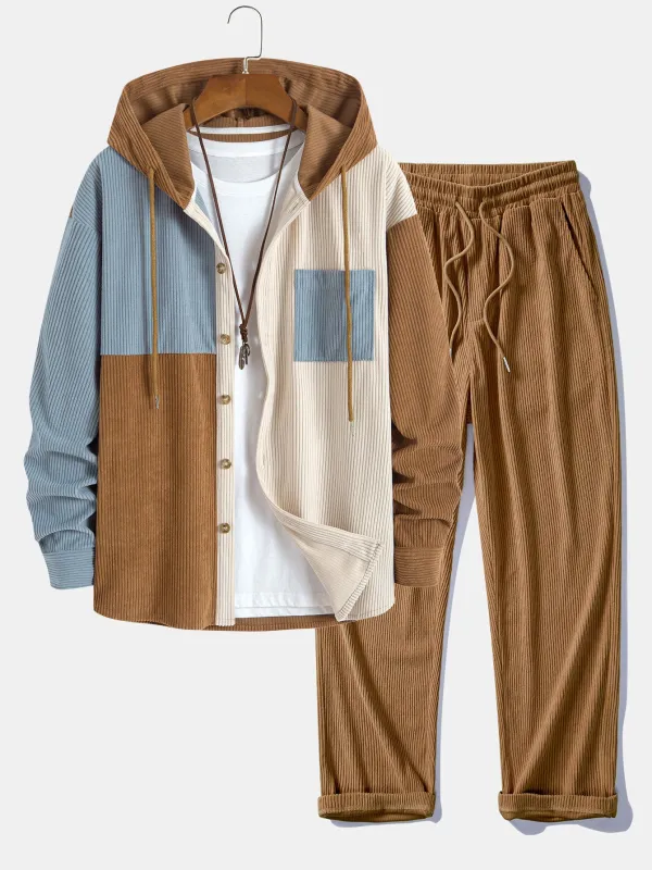 Relax Fit Colorblock Corduroy Hooded Shirt & Straight Leg Corduroy Pants sold by Hoooyi