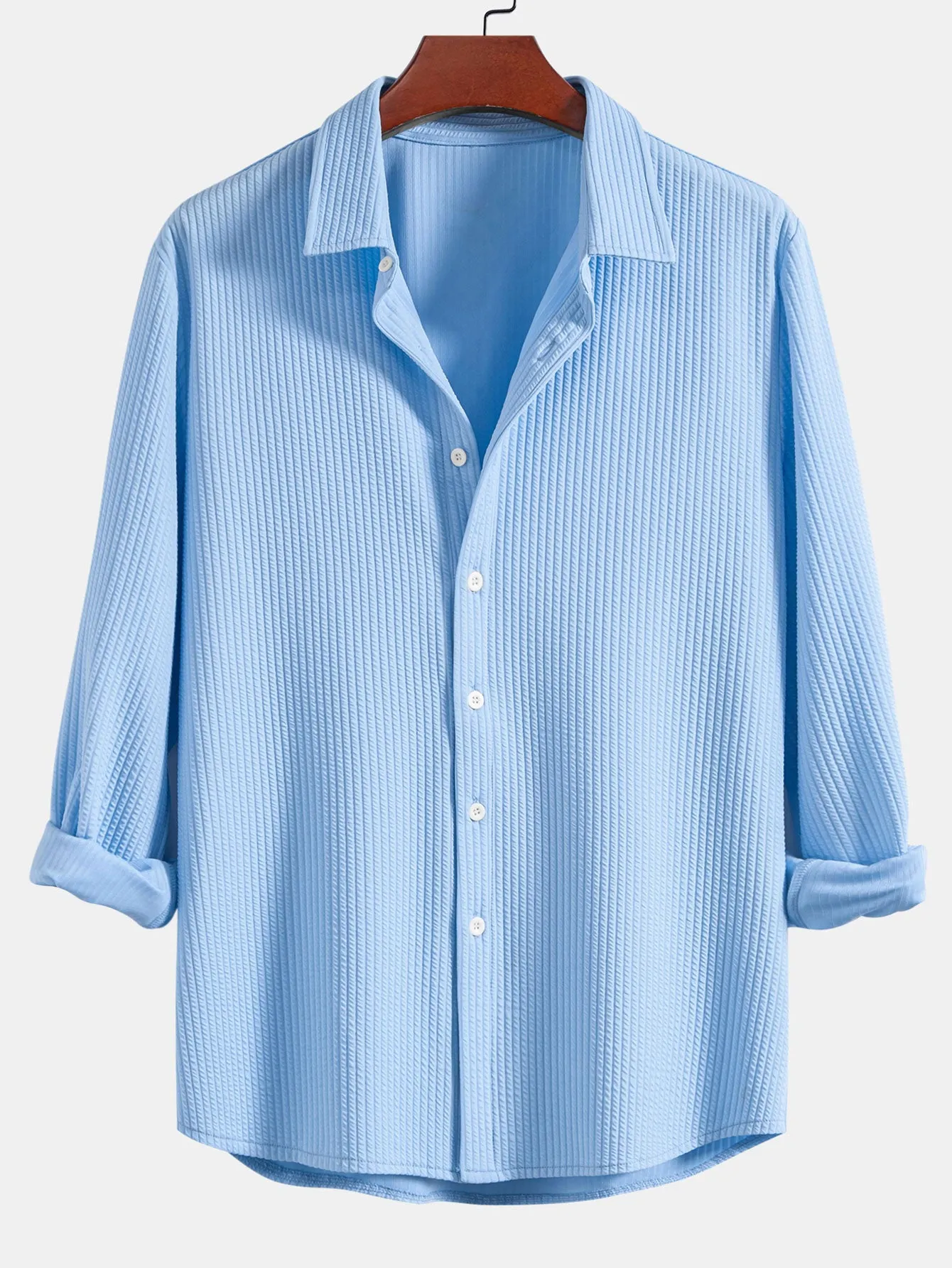 Long Sleeve Muscle Fit Ribbed Button Up Shirt sold by Hoooyi product image thumbnail 3