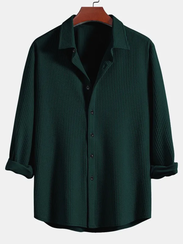 Long Sleeve Muscle Fit Ribbed Button Up Shirt made by Hoooyi