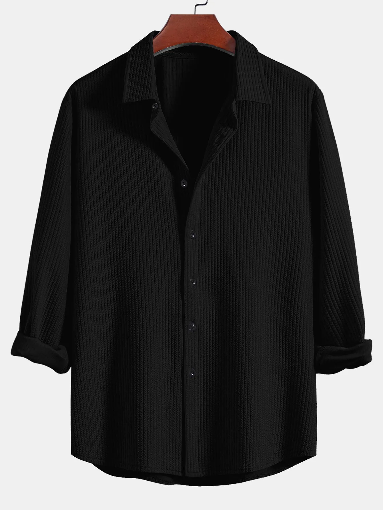 Long Sleeve Muscle Fit Ribbed Button Up Shirt sold by Hoooyi product image thumbnail 5