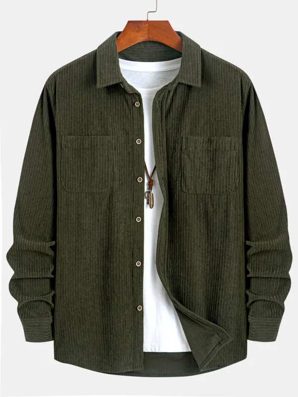 Long Sleeve Corduroy Pocket Button Up Shirt sold by Hoooyi