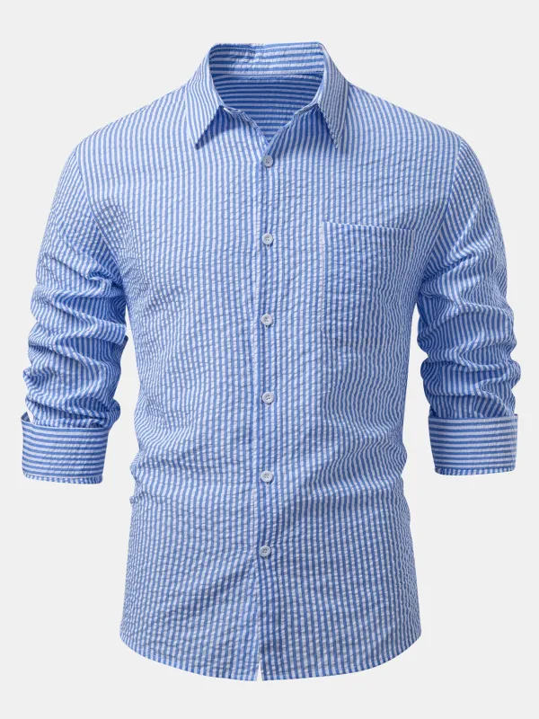 Seersucker Striped Button Up Shirt sold by Hoooyi