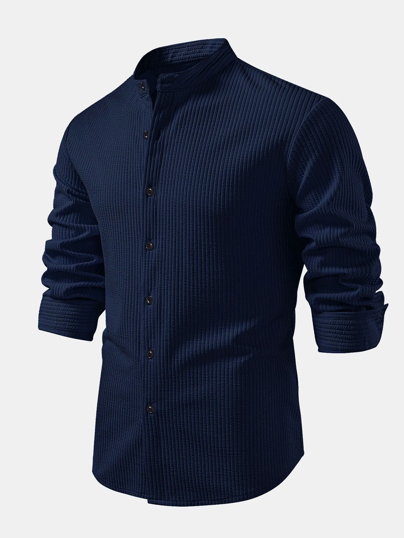 Long Sleeve Muscle Fit Ribbed Stand Collar Shirt sold by Hoooyi product image thumbnail 2