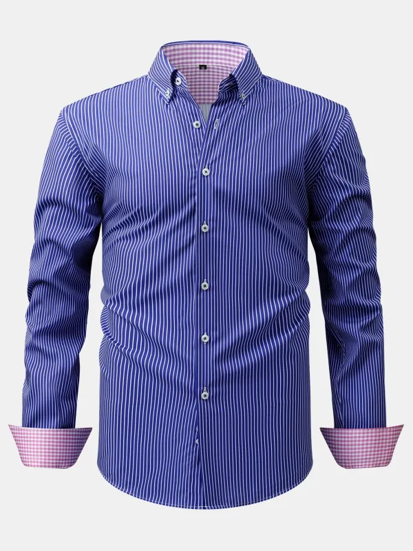 Long Sleeve Contrast Plaid Stripe Button Up Shirt made by Hoooyi