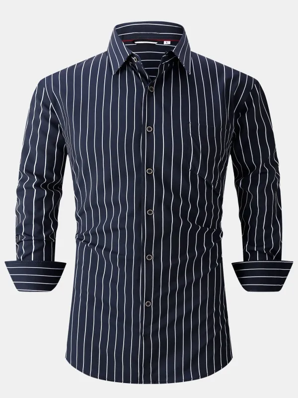 Long Sleeve Stripe Pocket Button Up Shirt made by Hoooyi