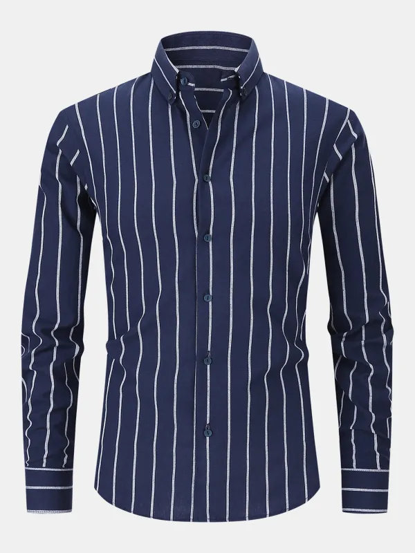 Long Sleeve Stripe Cotton Button Up Shirt sold by Hoooyi