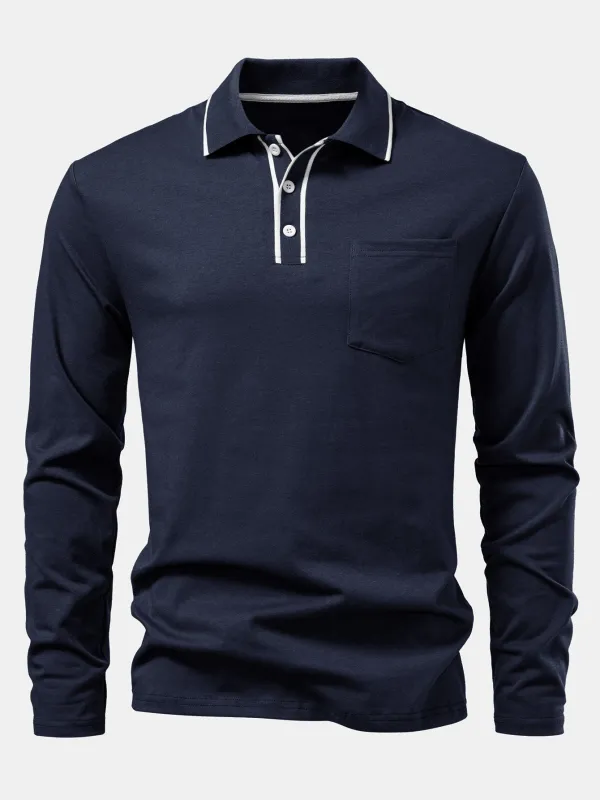 Long Sleeved Contrast Polo Shirt With Pocket sold by Hoooyi