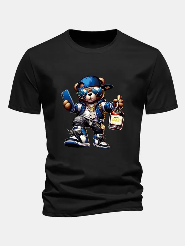 Regular Fit Hip Hop Bear Print Cotton T-Shirt sold by Hoooyi
