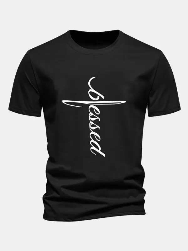 Regular Fit Blessed Print Cotton T-Shirt sold by Hoooyi