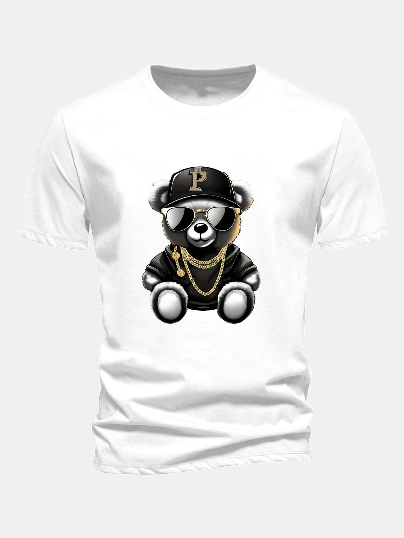 Regular Fit Hip Hop Bear Print Cotton T-Shirt sold by Hoooyi