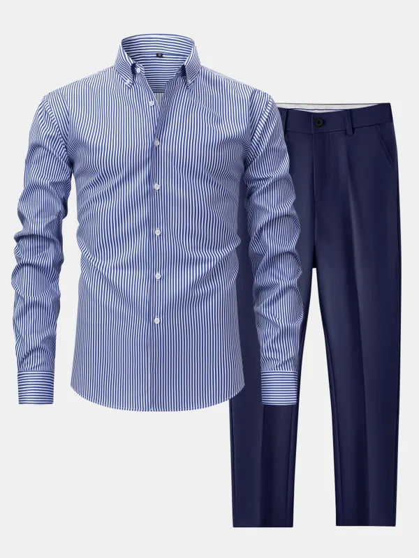 Long Sleeve Stripe Button Up Shirt & Slim Fit Tapered Trousers made by Hoooyi