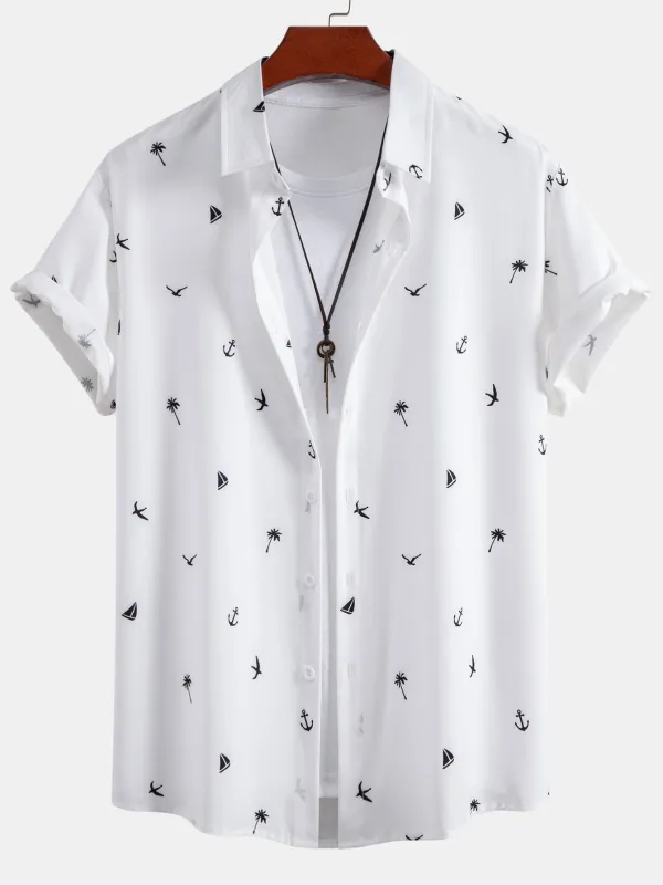 Palm Tree Anchor Sailboat Print Button Up Shirt sold by Hoooyi