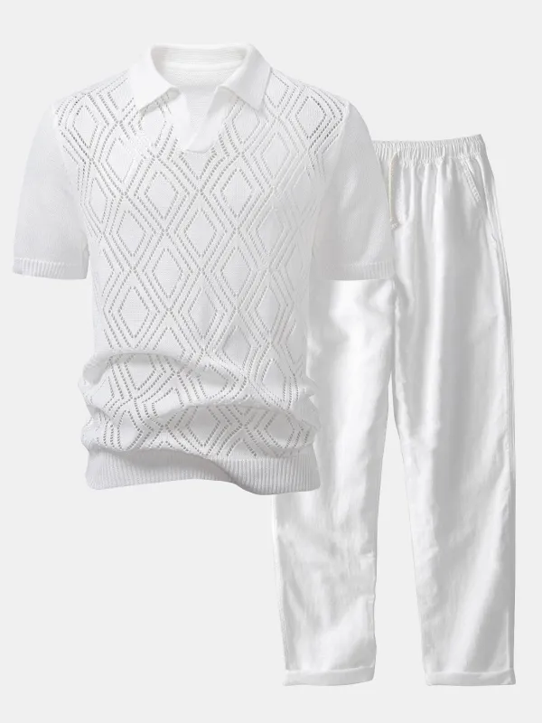 Geometric Crochet V Neck Polo Shirt & Straight Leg Linen Pants sold by Hoooyi