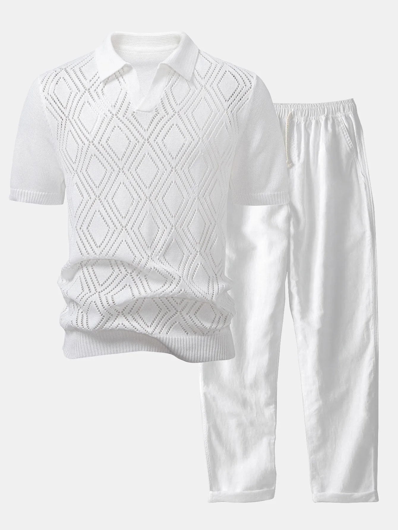 Geometric Crochet V Neck Polo Shirt & Straight Leg Linen Pants sold by Hoooyi
