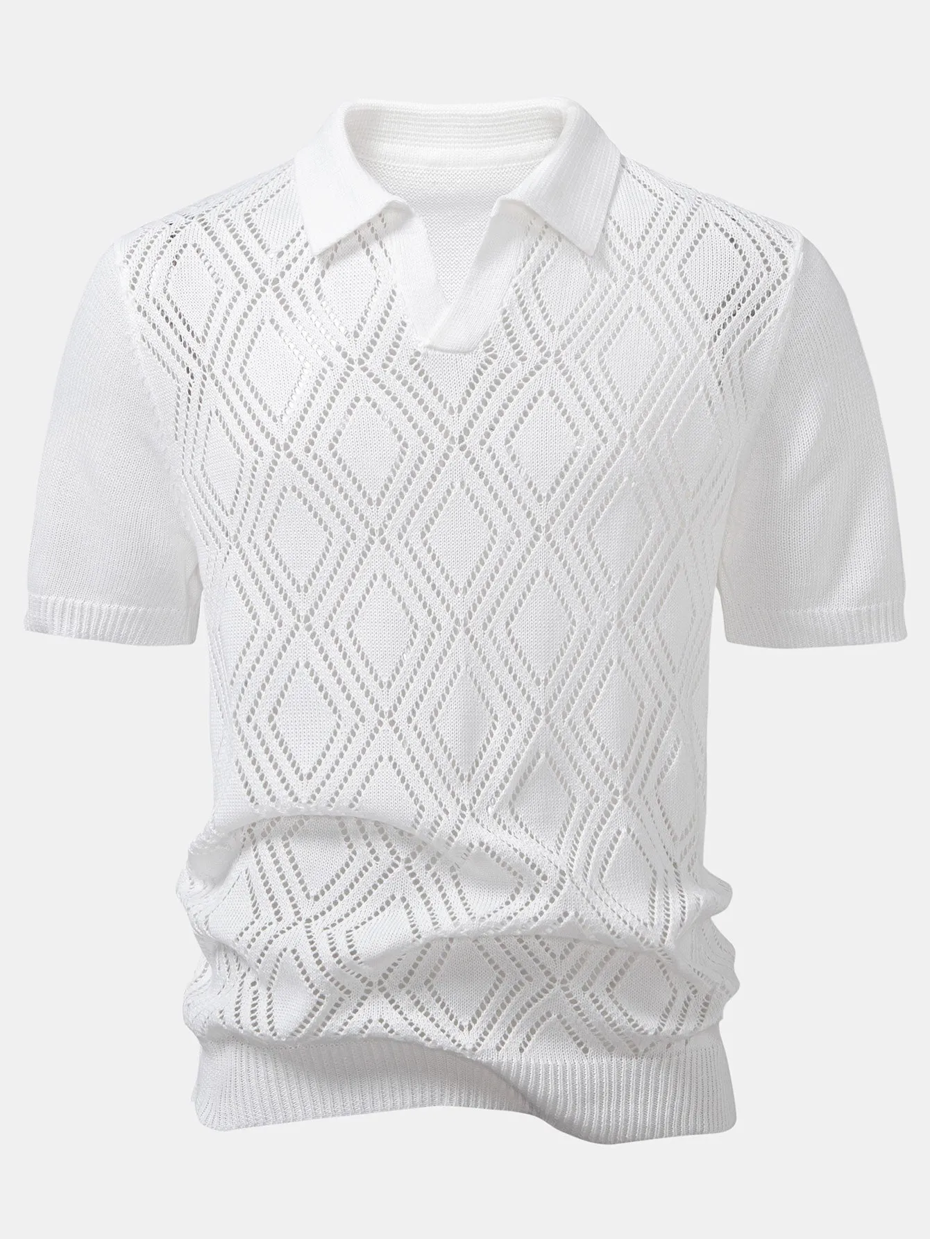 Geometric Crochet V Neck Polo Shirt & Straight Leg Linen Pants sold by Hoooyi product image thumbnail 2